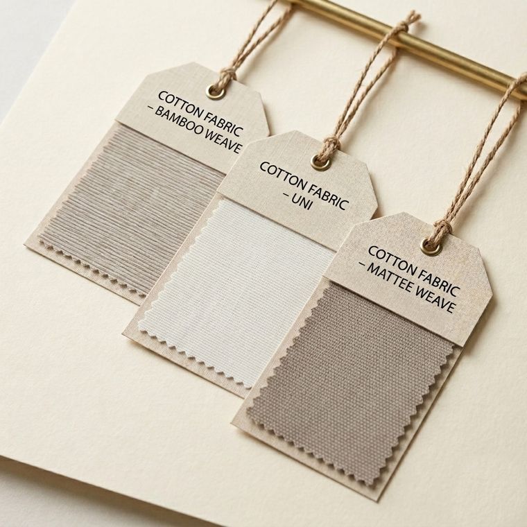 Cotton bamboo, uni and mattee weave swatches