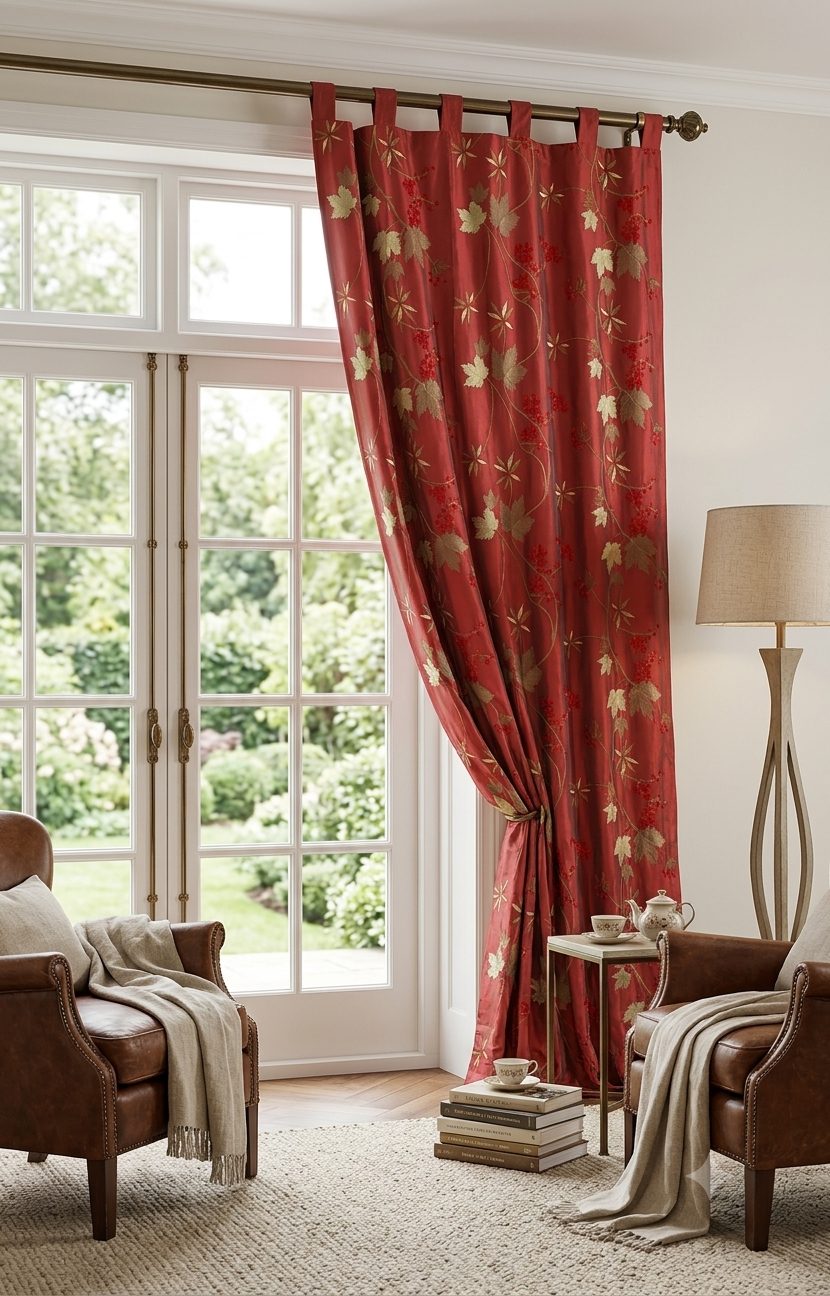 Red drapes in a styled living room